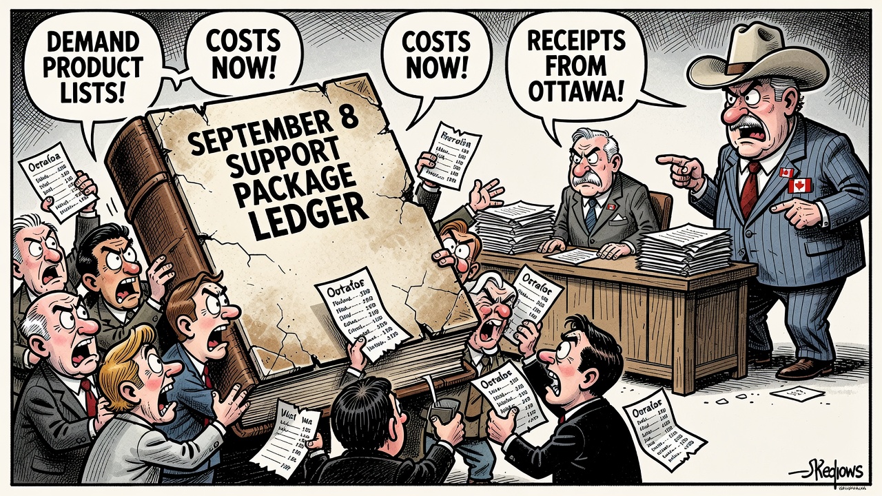 Editorial cartoon showing Canada U.S. tariff war deadlines while small businesses, workers and consumers ask Ottawa for the September 8 support ledger
