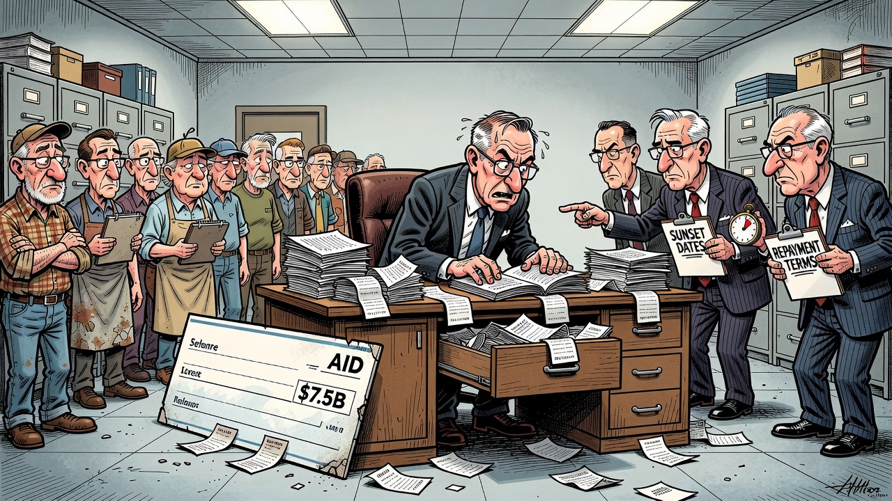 Editorial cartoon showing a $7.5 billion tariff rescue cheque beside a locked clawback ledger while workers, small businesses and taxpayers demand repayment and audit receipts.
