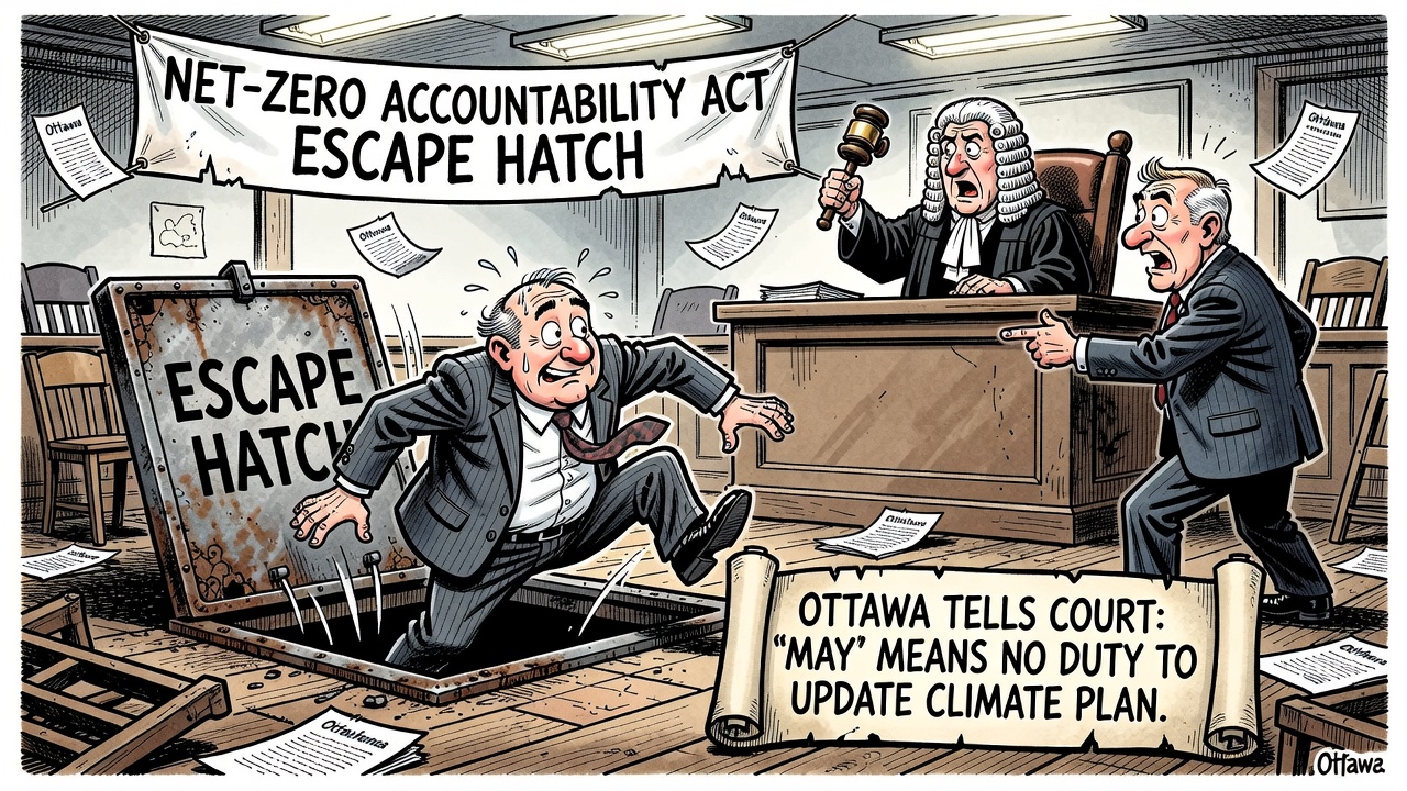 Editorial cartoon showing Ottawa holding a climate accountability law with an escape hatch labelled may while taxpayers demand the 2030 emissions receipts.