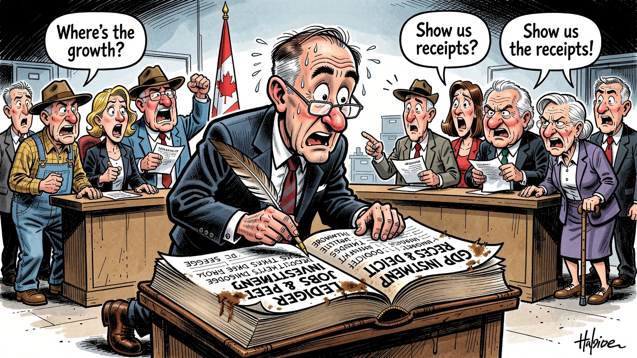 Editorial cartoon showing Mark Carney with a downgraded growth chart while taxpayers demand a GDP, investment, jobs and deficit receipts ledger.