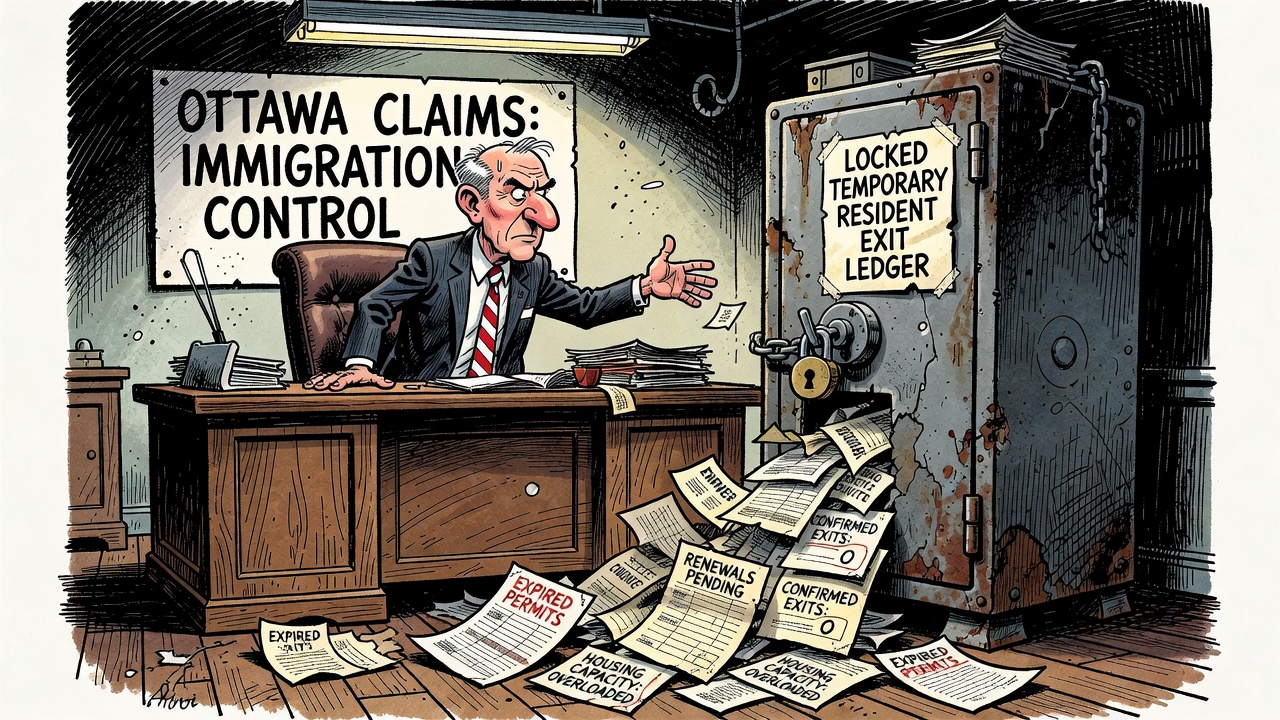 Editorial cartoon showing Ottawa claiming immigration control while a locked temporary-resident exit ledger hides expired permits, renewals, confirmed exits and housing-capacity receipts.
