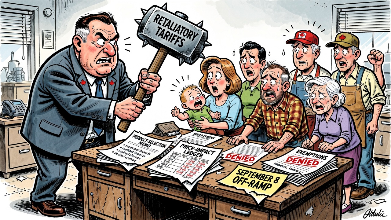 Editorial cartoon showing Ottawa using retaliatory tariffs as a political pressure tool while Canadian families and businesses demand the product-selection memo, price-impact ledger, exemptions and September 8 off-ramp.