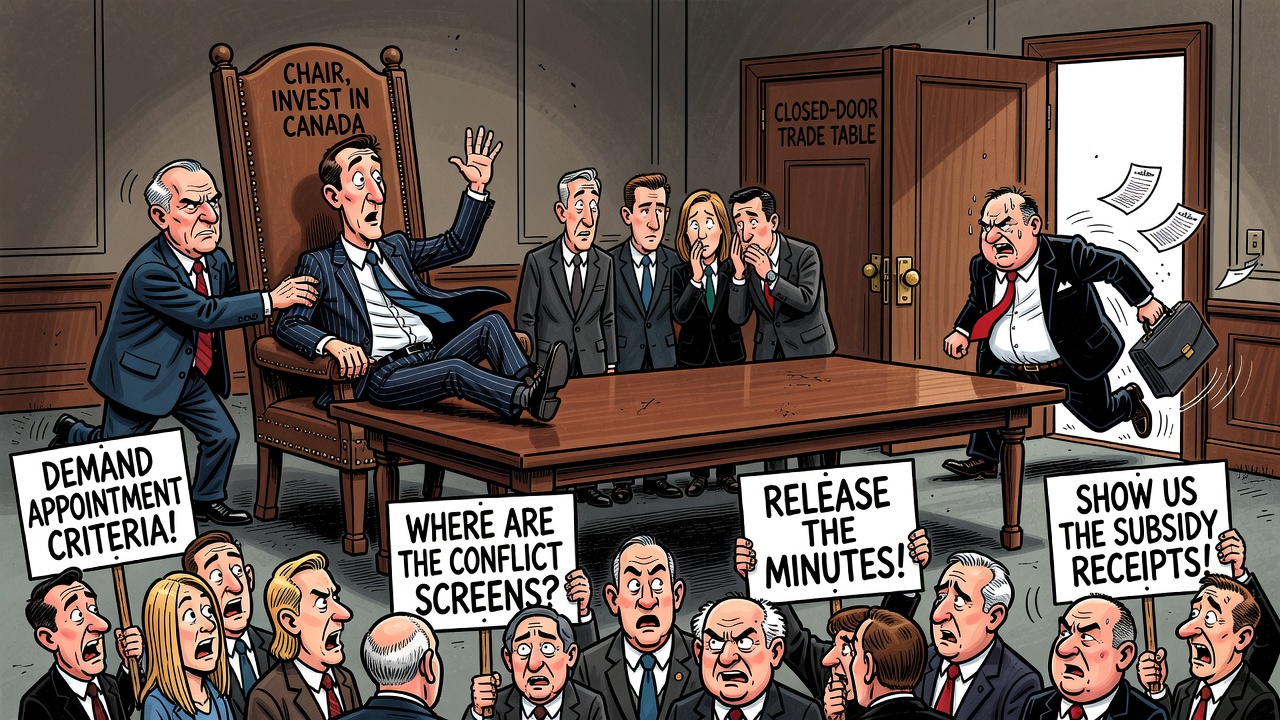 Editorial cartoon showing Mark Carney, Dominic Barton and a locked Invest in Canada insider access ledger while taxpayers demand appointment criteria, conflict screens, meeting minutes and subsidy receipts.