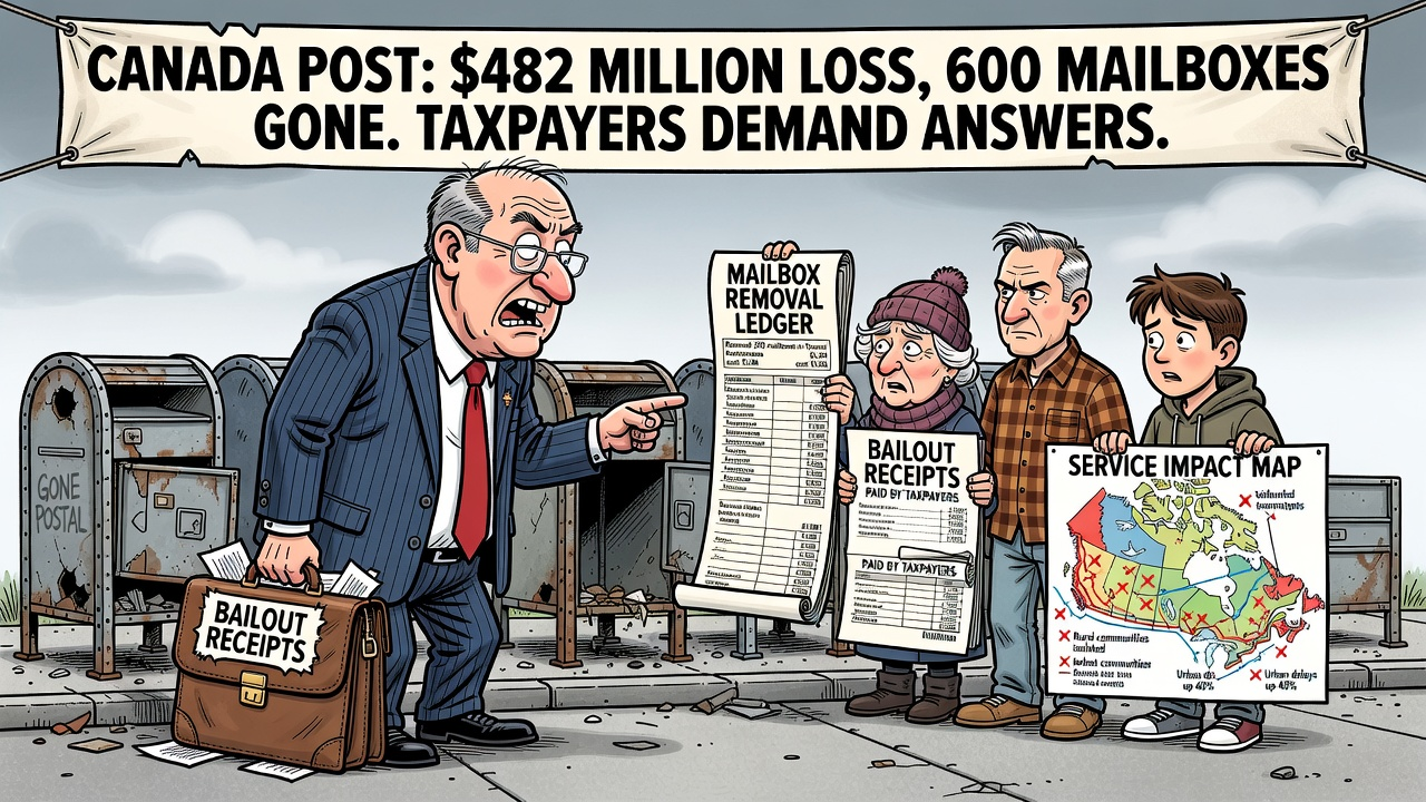 Editorial cartoon showing Canada Post removing sidewalk mailboxes while taxpayers demand a mailbox-removal, bailout and service-impact ledger.