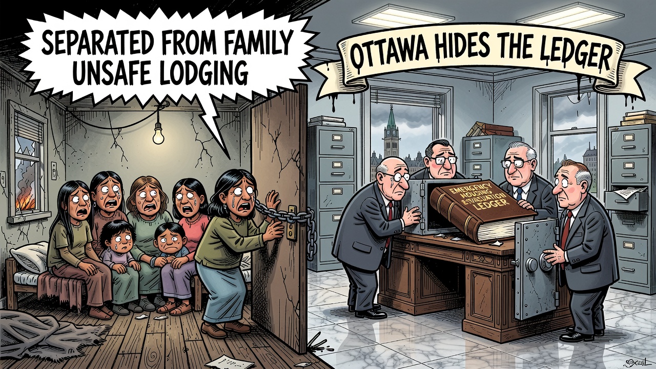 Editorial cartoon showing First Nations wildfire evacuees separated from family in unsafe temporary lodging while Ottawa hides an emergency housing ledger.