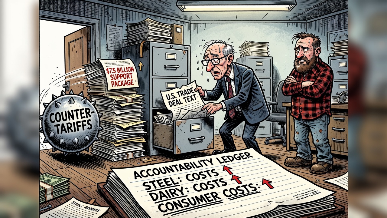 Editorial cartoon showing a locked rejected U.S. trade deal text beside a counter-tariff invoice and a $7.5 billion taxpayer support cheque.