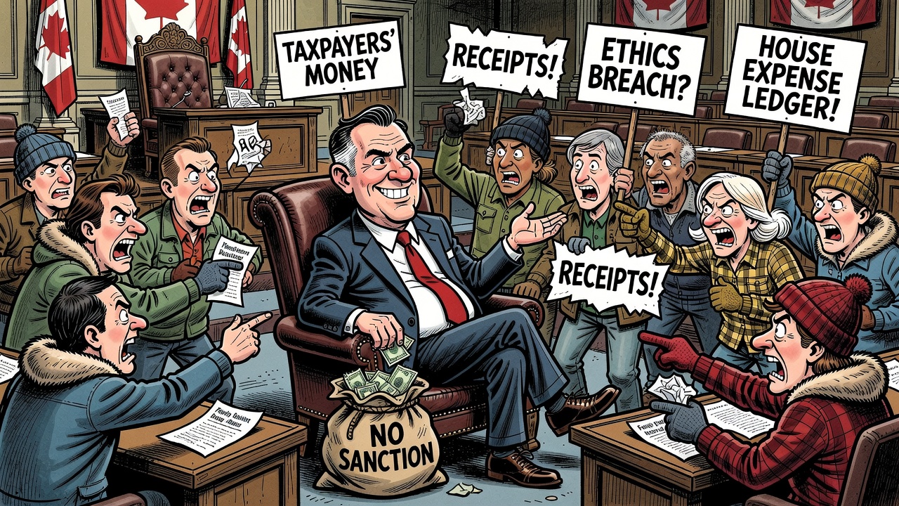 Editorial cartoon showing a no-sanction ethics ledger for MP reimbursements from family businesses while taxpayers demand House expense receipts.