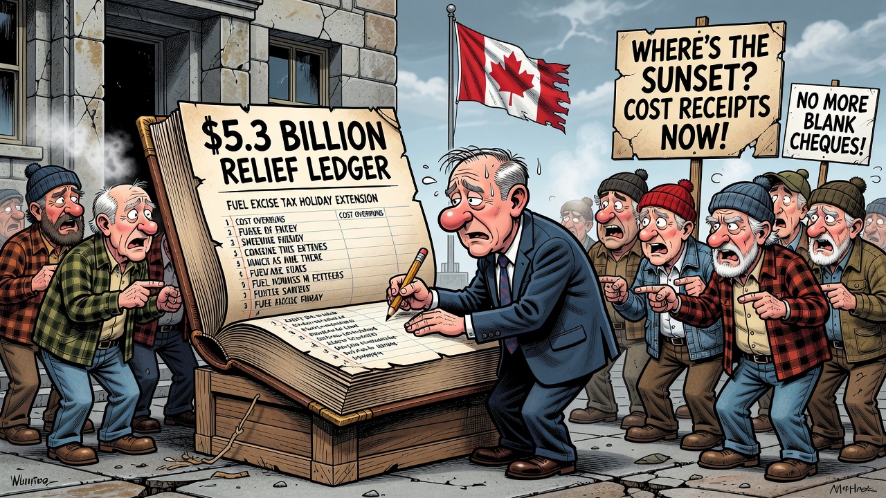 Editorial cartoon showing a federal fuel excise tax holiday extension beside a $5.3 billion taxpayer ledger while Canadians ask for sunset and cost receipts.