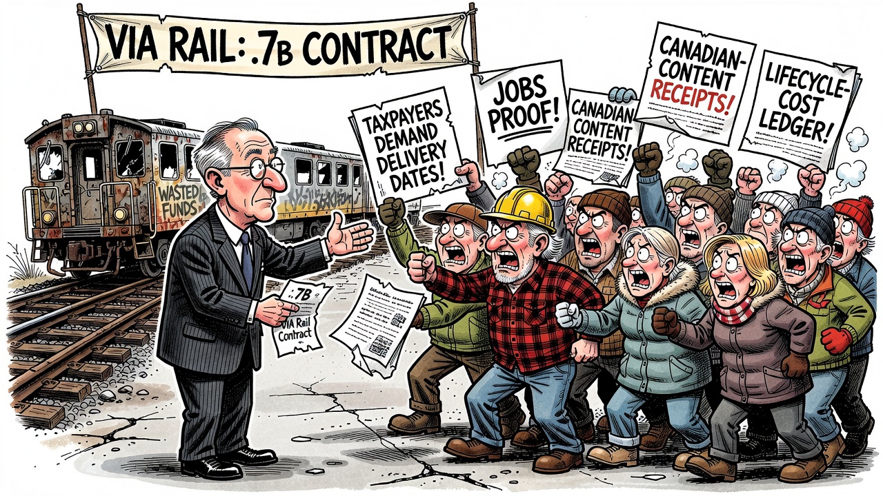 Editorial cartoon showing a VIA Rail passenger-car deal with a $4.7 billion taxpayer ledger while Canadians ask for delivery, jobs and cost receipts.