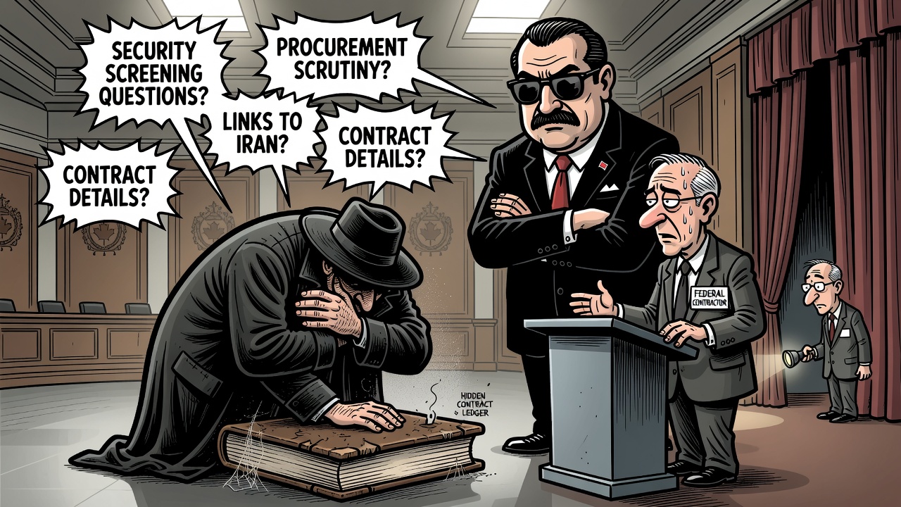 Editorial cartoon showing a federal contractor linked to Iran beside a locked procurement security ledger while taxpayers ask who approved the contracts.
