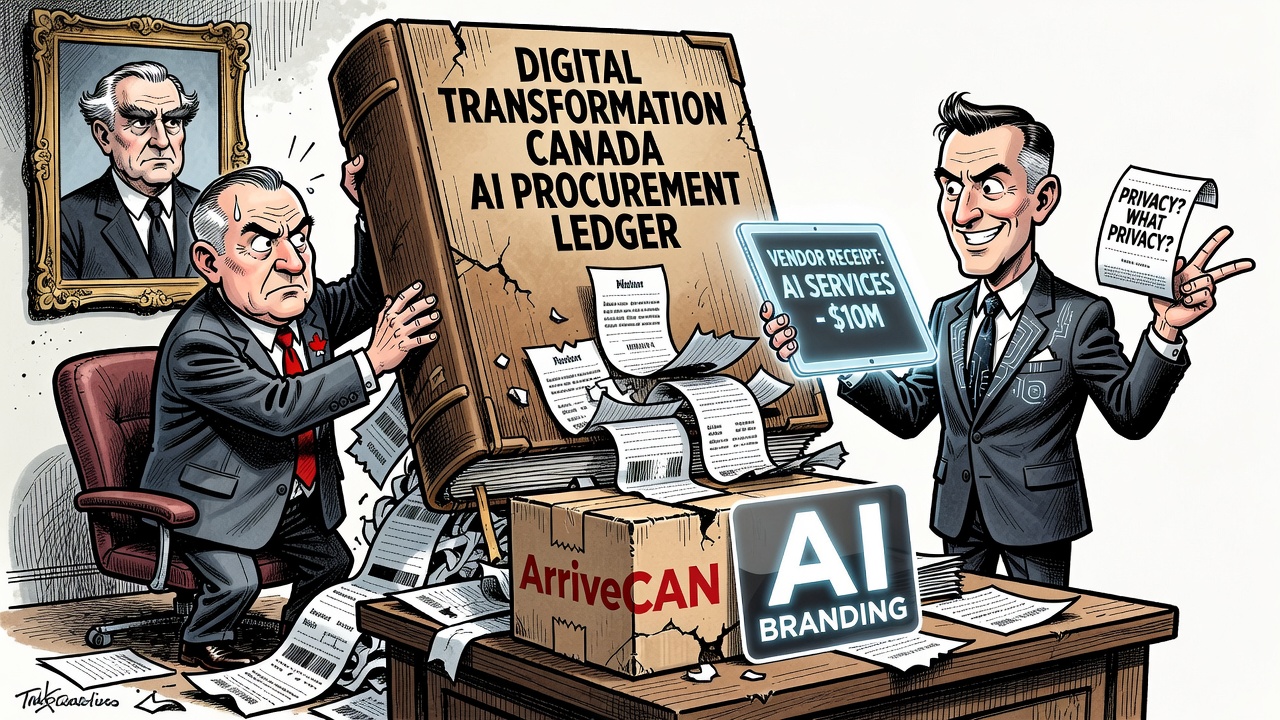 Editorial cartoon showing Digital Transformation Canada as an AI procurement ledger while taxpayers ask for privacy, vendor and conflict-of-interest receipts.