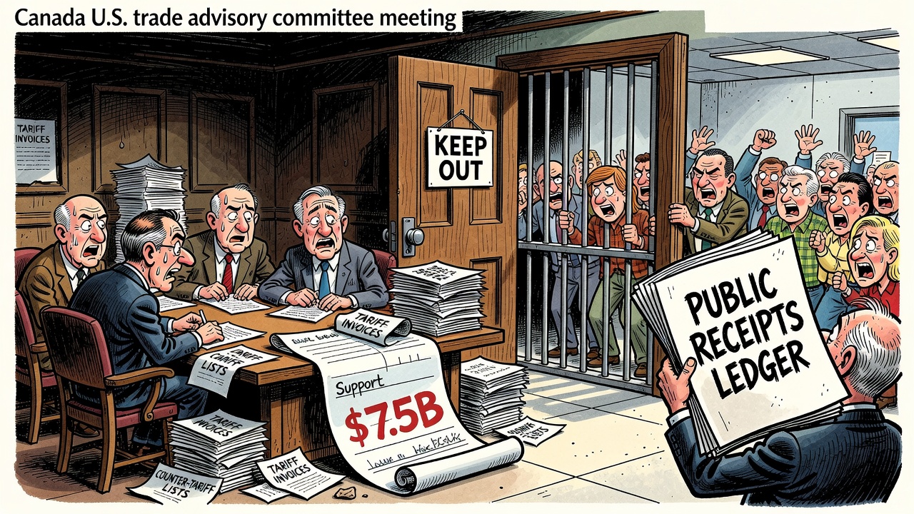 Editorial cartoon showing a closed Canada-U.S. trade advisory meeting while tariff invoices, counter-tariff lists and a $7.5 billion support cheque pile up outside.