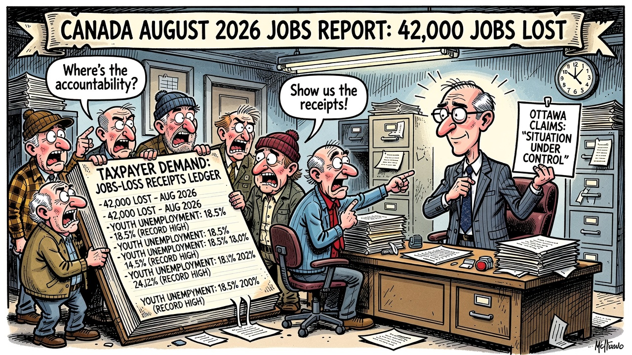Editorial cartoon showing Ottawa claiming economic control while a Statistics Canada jobs report shows 42,000 jobs lost and young workers demand a jobs-loss ledger.