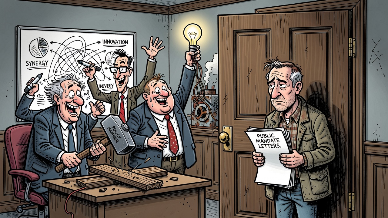 Editorial cartoon showing cabinet ministers handing progress binders behind closed doors while the public mandate-letter page is blank.