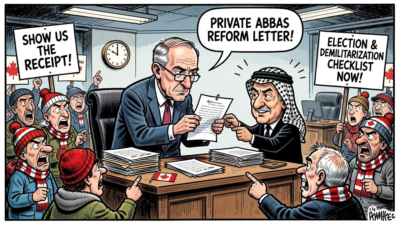 Editorial cartoon showing a private Abbas reform letter locked behind a recognition podium while Canadians demand the Palestine recognition receipt.