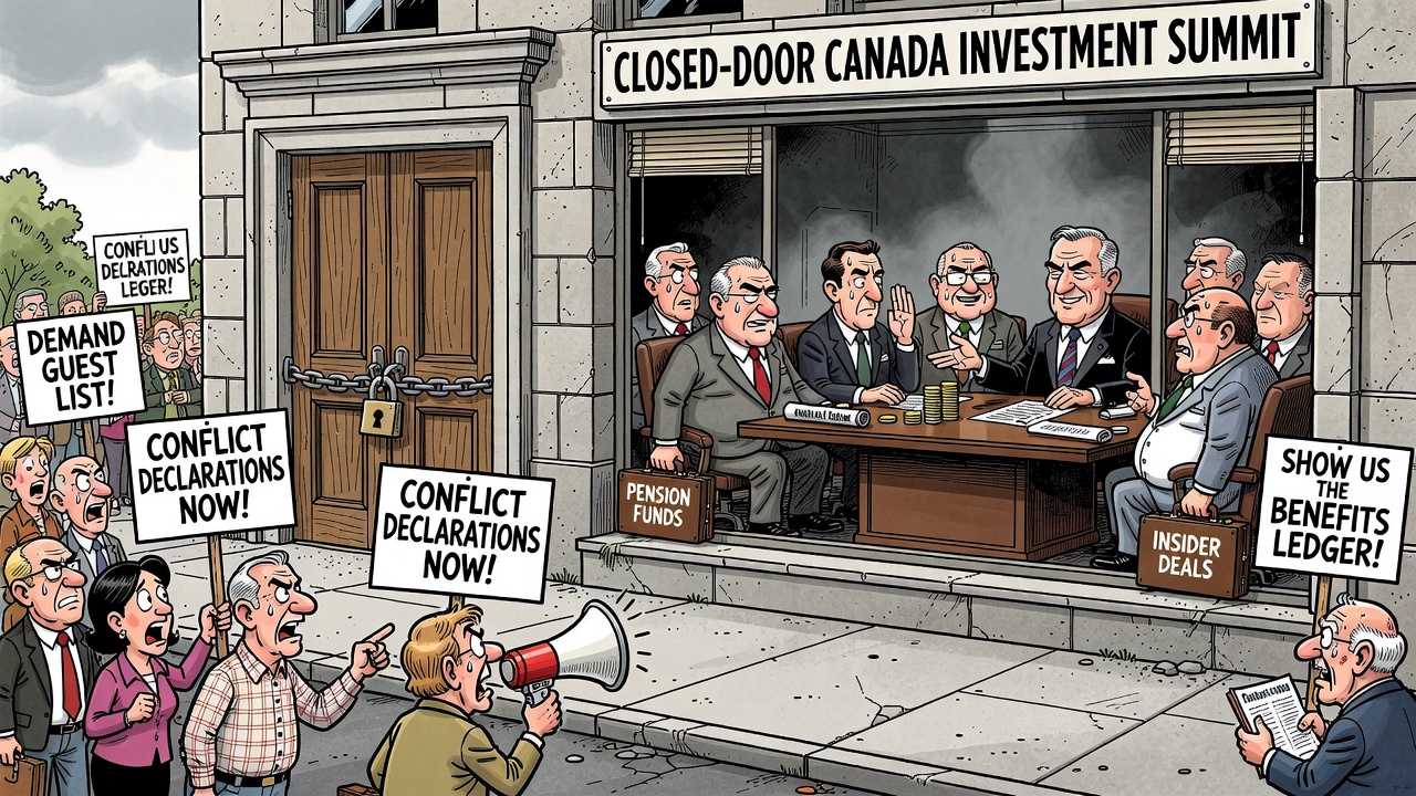Editorial cartoon showing a closed-door Canada Investment Summit while taxpayers demand the guest list, conflict declarations and benefits ledger.