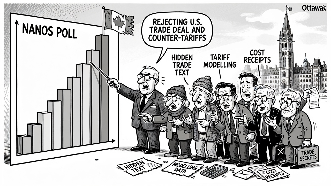 Editorial cartoon showing a Nanos poll beside a locked trade-deal ledger while taxpayers ask for tariff modelling and cost receipts.