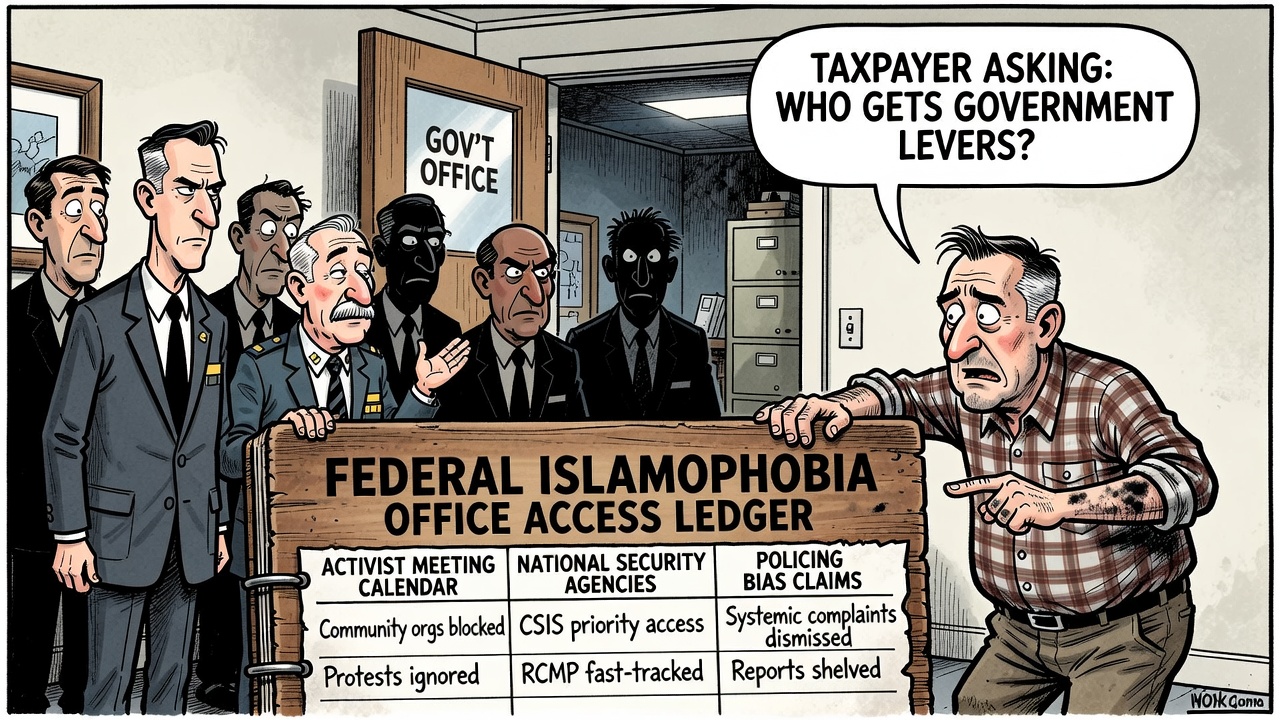 Editorial cartoon showing a federal Islamophobia office access ledger, activist meeting calendar, police and intelligence files, and a taxpayer asking who gets government levers.