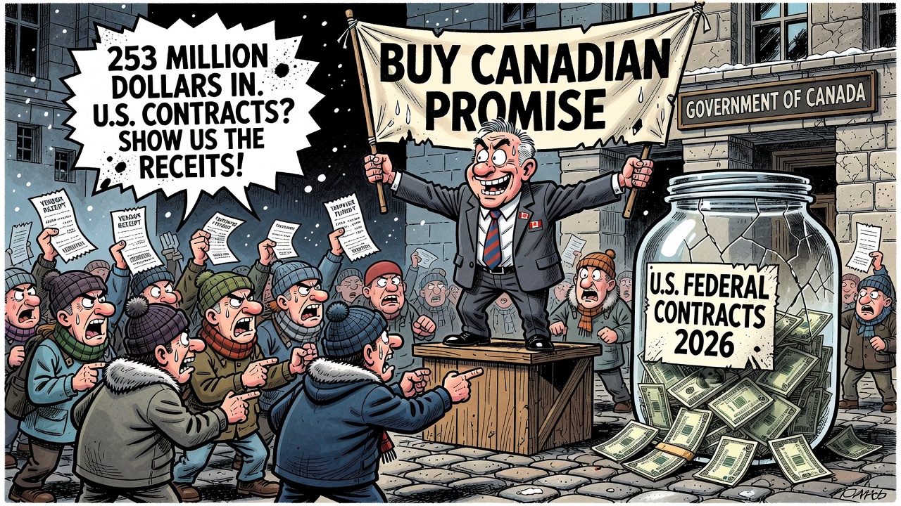Editorial cartoon showing a Buy Canadian podium beside U.S. federal contract invoices while a taxpayer demands vendor and exemption receipts.
