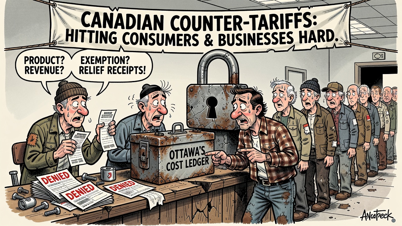 Editorial cartoon showing Canadian counter-tariff bills landing on consumers and businesses while Ottawa keeps the cost ledger locked.
