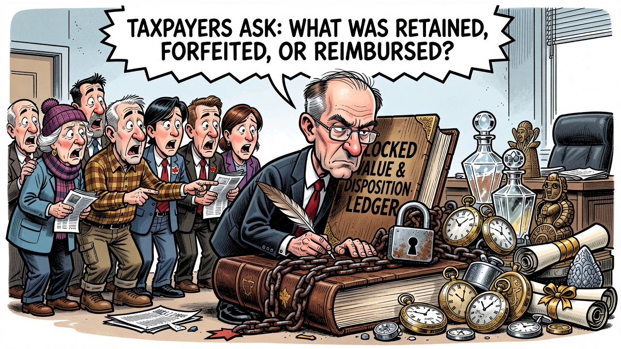 Editorial cartoon showing Mark Carney’s ethics gift registry with 153 diplomatic gifts and a locked value-and-disposition ledger while taxpayers ask for receipts