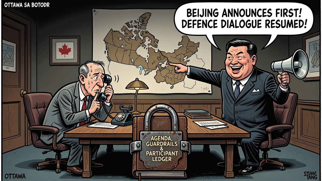 Editorial cartoon showing Canada reopening defence coordination talks with China while Beijing releases the notice and Ottawa keeps the agenda and guardrails ledger locked