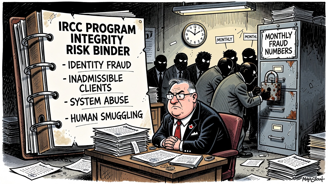 Editorial cartoon showing an IRCC program integrity binder listing identity fraud, inadmissible clients and system abuse while monthly numbers are locked away.