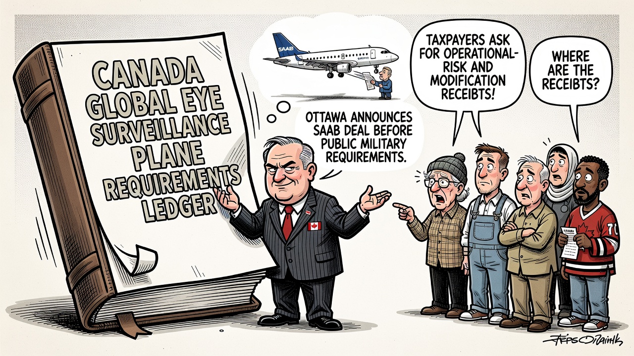 Editorial cartoon showing Ottawa announcing a Saab GlobalEye deal while the military requirements, modification costs and NORAD risk ledger remain locked.