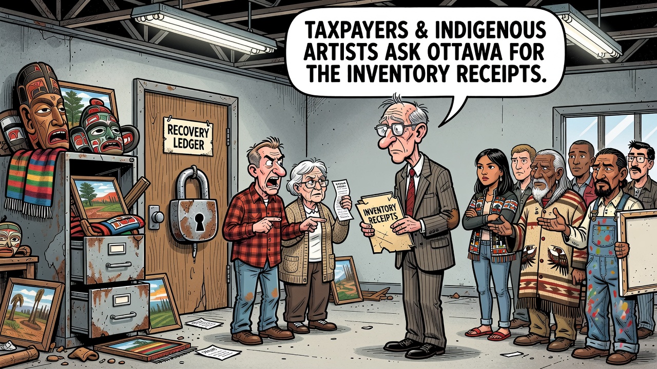 Editorial cartoon showing the federal Indigenous Art Collection behind a locked recovery ledger while taxpayers and Indigenous artists ask Ottawa for inventory receipts.