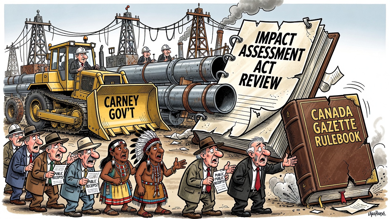 Editorial cartoon showing the Carney government fast-tracking major energy projects while taxpayers, Indigenous communities and Parliament ask for public receipts.