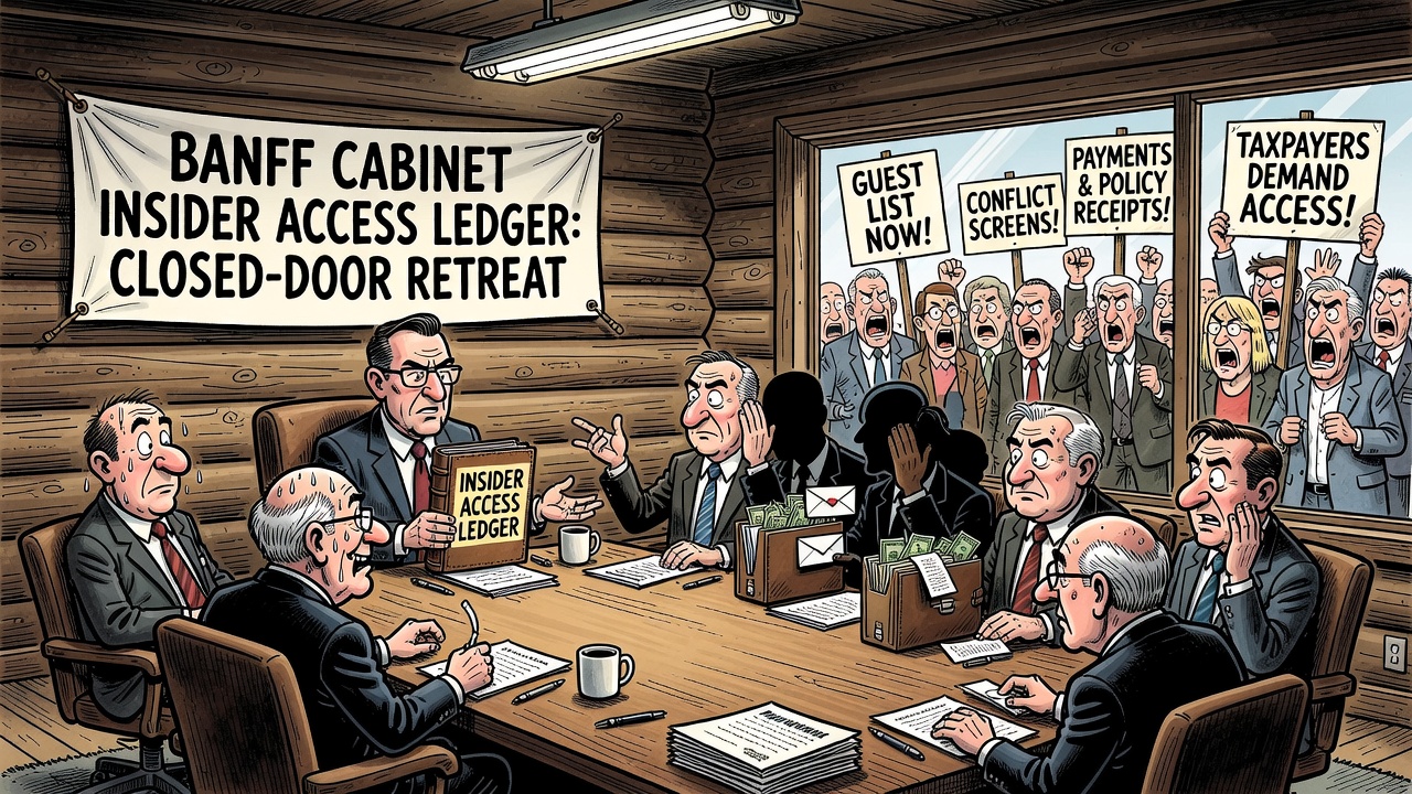 Editorial cartoon showing the Banff cabinet retreat behind closed doors while taxpayers ask for guest-list, conflict-screen, payment and policy receipts.