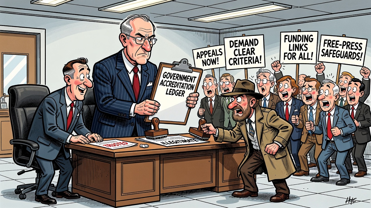 Editorial cartoon showing Ottawa holding a trusted news directory clipboard while independent reporters and taxpayers ask for criteria, appeals and funding-link receipts.