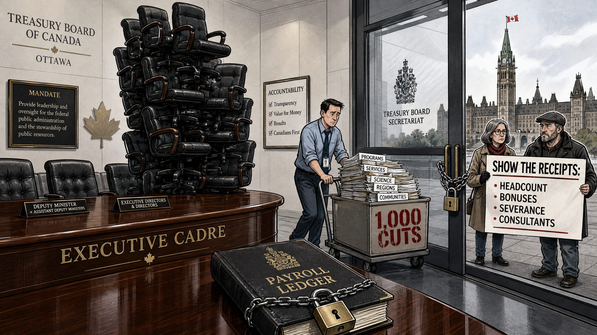 Editorial cartoon showing Ottawa executive chairs stacked beside a locked payroll ledger while taxpayers ask for headcount, bonus, severance and consultant receipts.