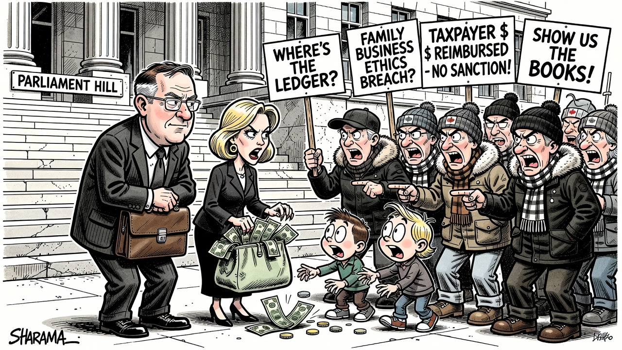 Editorial cartoon showing a Liberal MP expense desk, family businesses and a locked public ledger while taxpayers ask for reimbursement and ethics receipts.