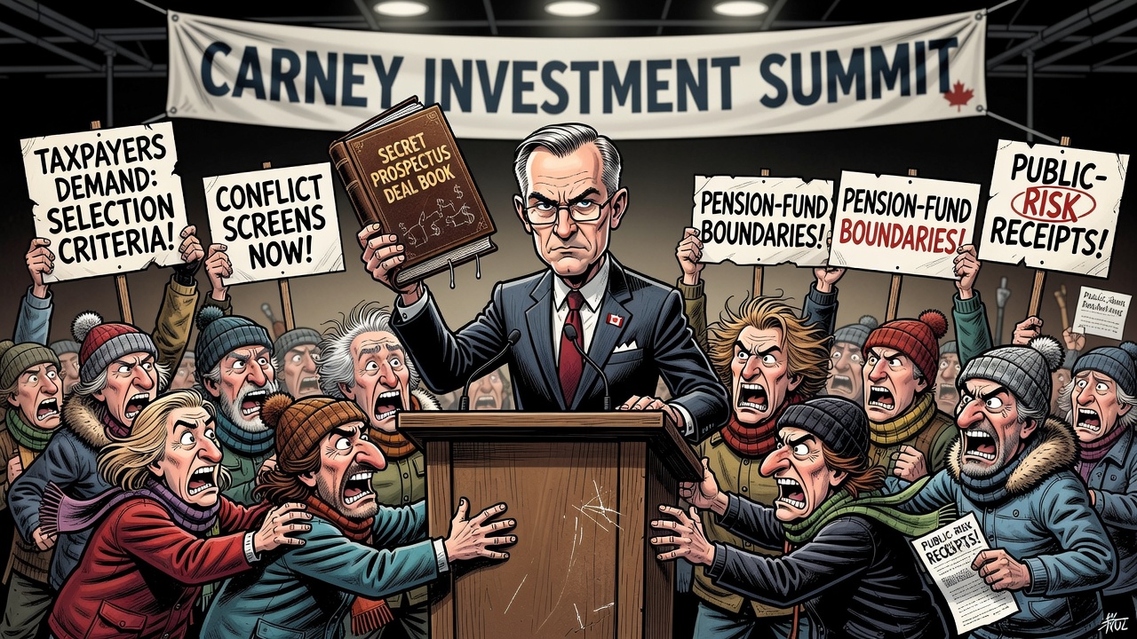 Editorial cartoon showing Prime Minister Carney presenting a closed Canada Investment Summit prospectus while taxpayers demand selection criteria, conflict screens, pension boundaries and public-risk receipts.
