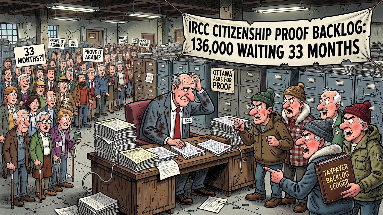 Editorial cartoon showing an IRCC citizenship certificate backlog desk with 136,000 files and a 33-month wait while taxpayers ask for a public ledger.