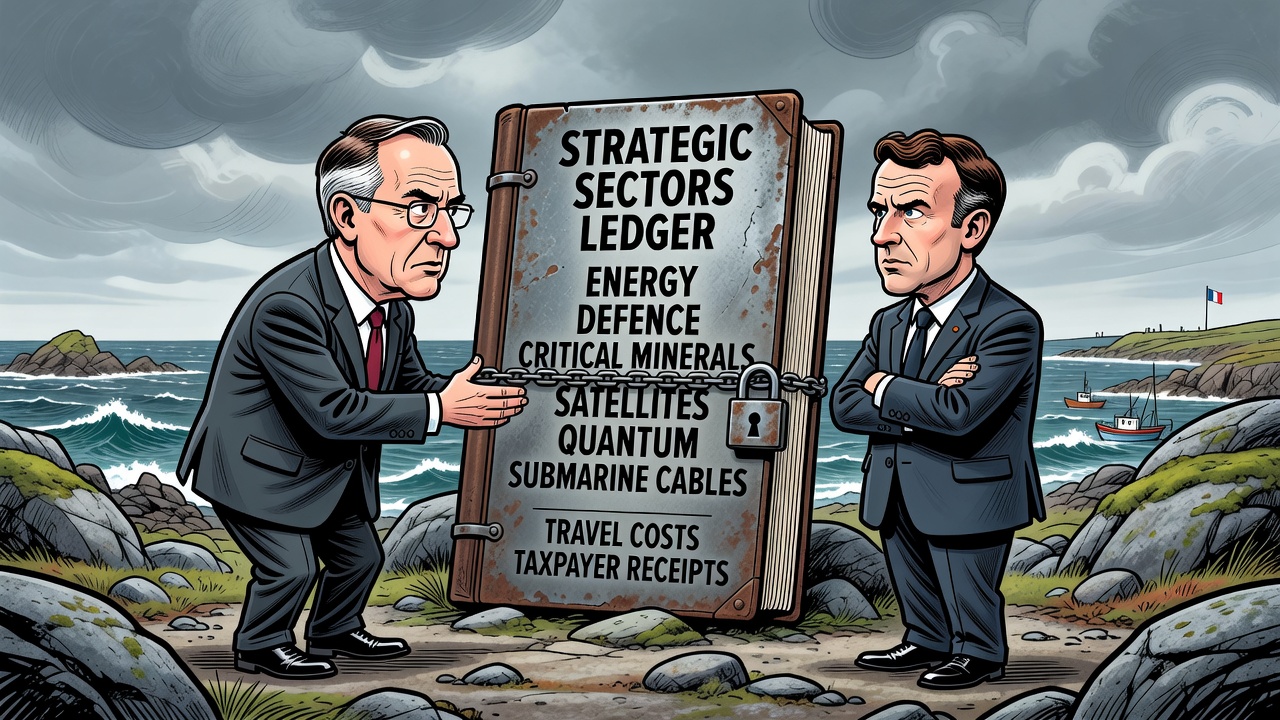 Editorial cartoon showing Prime Minister Mark Carney and Emmanuel Macron in Saint-Pierre-et-Miquelon beside a locked strategic-sectors ledger for energy, defence, critical minerals, satellites, quantum, submarine cables and taxpayer receipts.