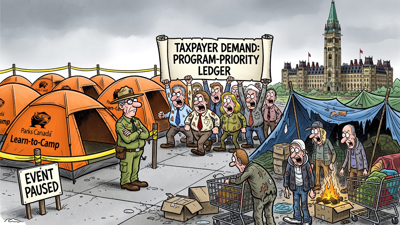 Editorial cartoon showing a Parks Canada Learn-to-Camp event beside a homeless encampment while taxpayers demand a priorities ledger.