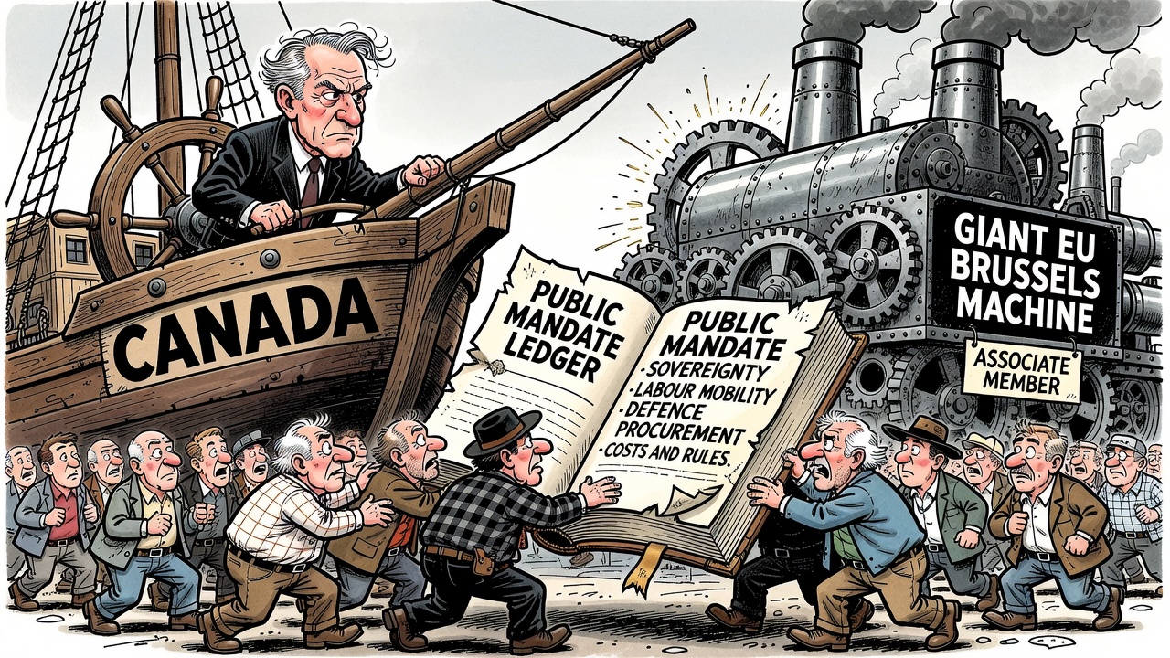 Editorial cartoon showing Mark Carney steering Canada toward a Brussels machine while taxpayers and provinces demand a public EU mandate ledger for sovereignty, labour mobility, defence procurement, costs and rules.