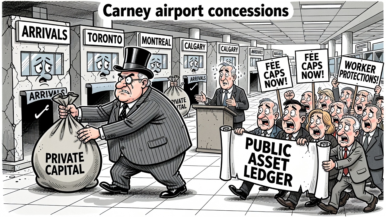 Editorial cartoon showing Prime Minister Mark Carney offering airport operations to private capital while travellers, workers and taxpayers demand a public asset ledger.
