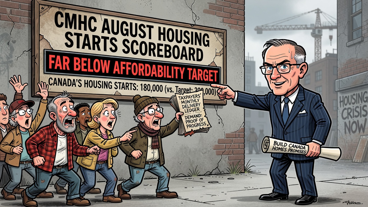 Editorial cartoon showing a CMHC housing starts scoreboard while Prime Minister Mark Carney points to promises and taxpayers demand a delivery ledger.