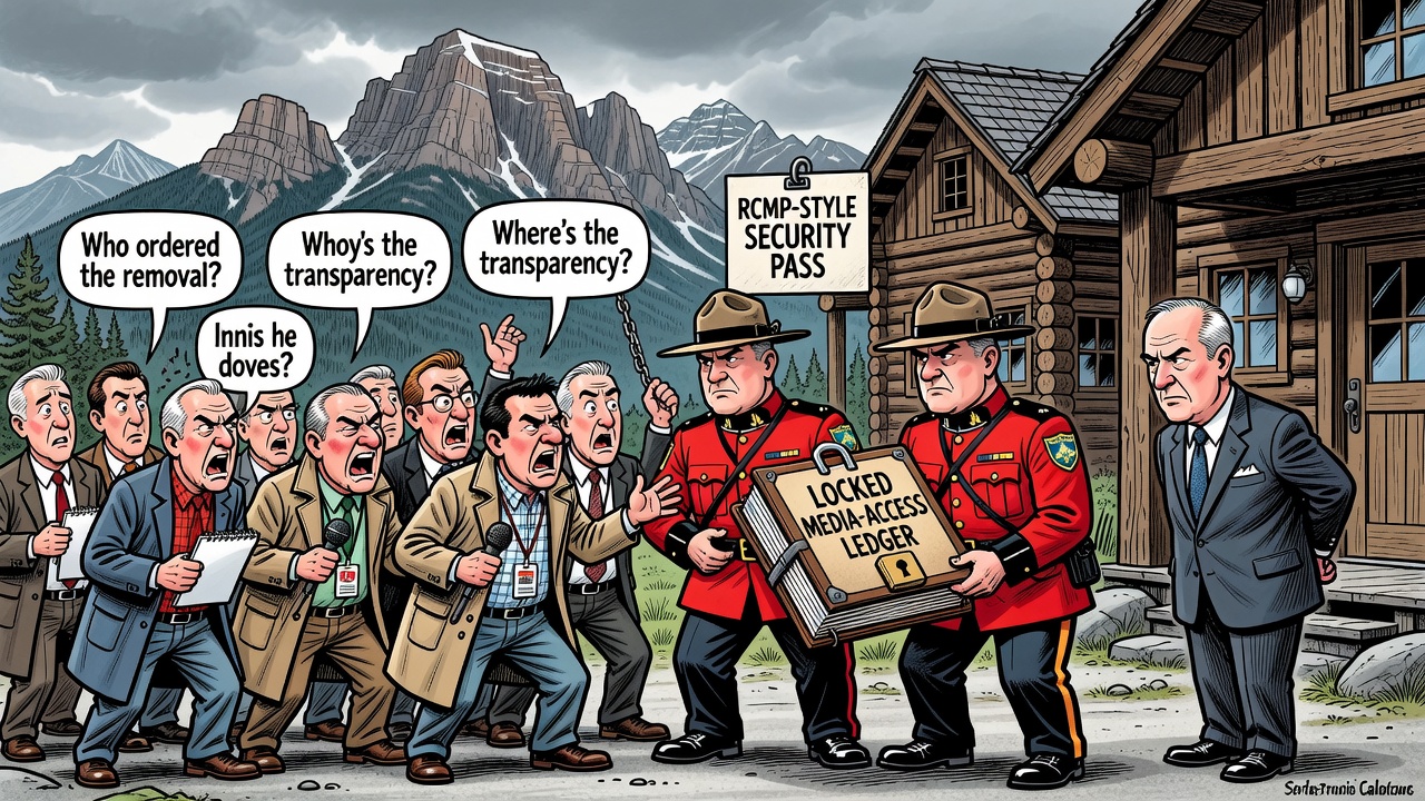 Editorial cartoon showing Prime Minister Mark Carney’s Banff cabinet retreat with security, reporters and a locked media-access ledger.