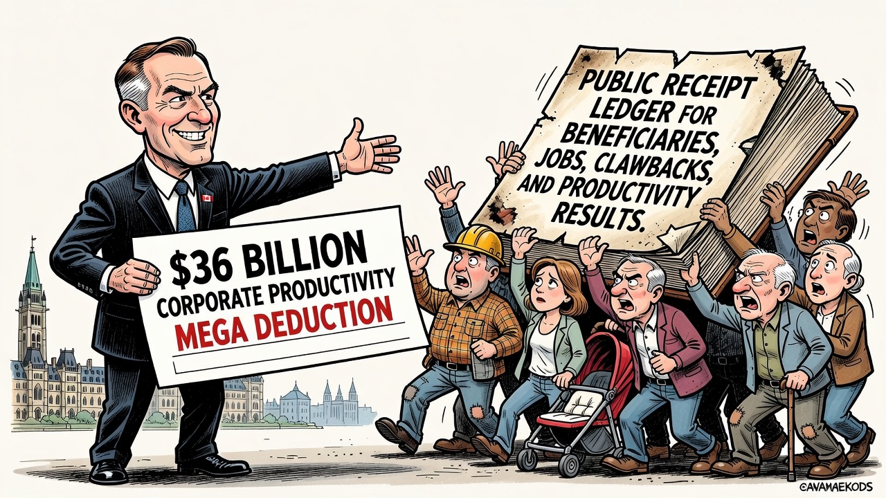 Editorial cartoon showing Prime Minister Mark Carney offering a corporate mega deduction while taxpayers demand a receipt ledger for beneficiaries, jobs and clawbacks.