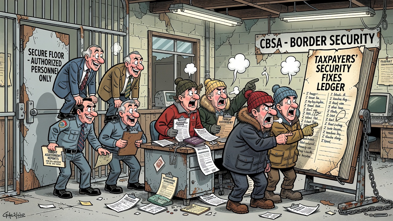 Editorial cartoon showing CBSA border facilities with outdated security assessments, open doors and exposed traveller files while taxpayers demand a fixes ledger.