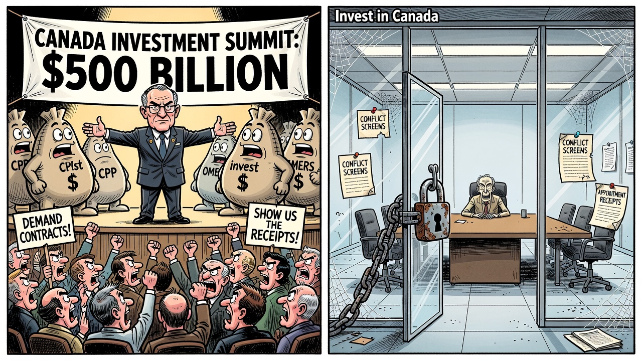 Editorial cartoon showing the Canada Investment Summit with pension funds and a sidelined Invest in Canada agency while taxpayers demand contracts, conflict screens and appointment receipts.
