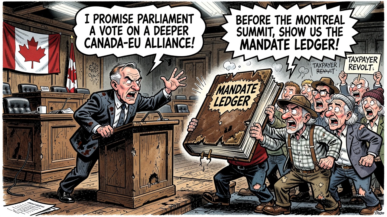 Editorial cartoon showing Mark Carney promising Parliament a vote on a deeper Canada-EU alliance while taxpayers demand the mandate ledger before the Montreal summit.
