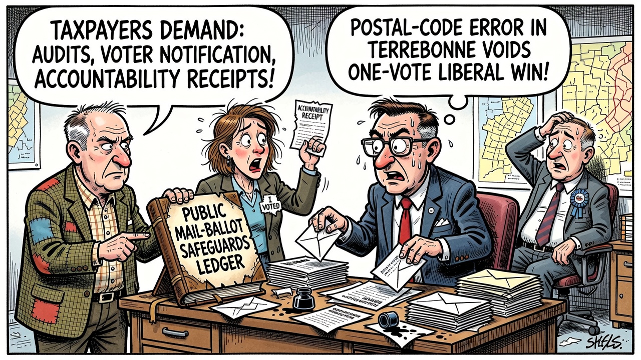 Editorial cartoon showing an Elections Canada mail-ballot postal-code error in Terrebonne while taxpayers demand a public safeguards ledger.