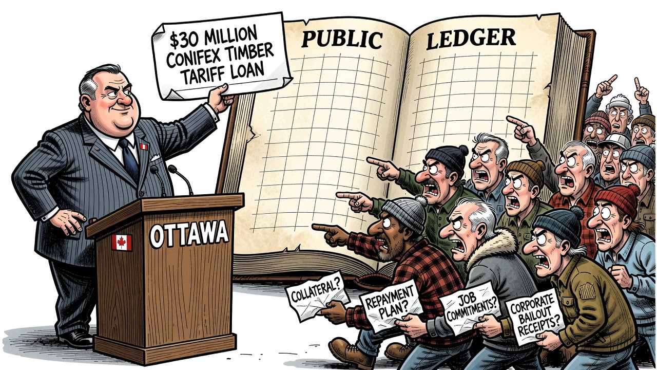 Editorial cartoon showing Ottawa handing a tariff loan to Conifex Timber while taxpayers demand collateral, repayment and job-commitment receipts.