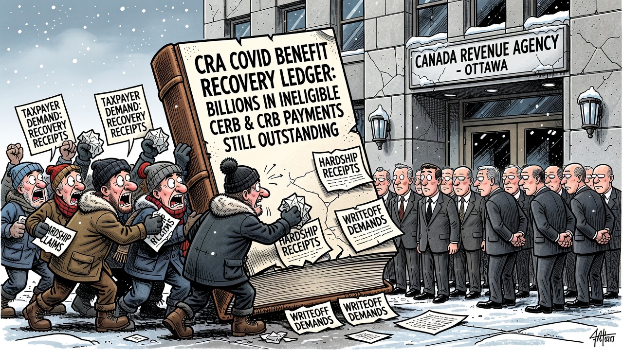 Editorial cartoon showing CRA COVID benefit debt piled on a recovery ledger while taxpayers demand repayment, writeoff and hardship receipts.