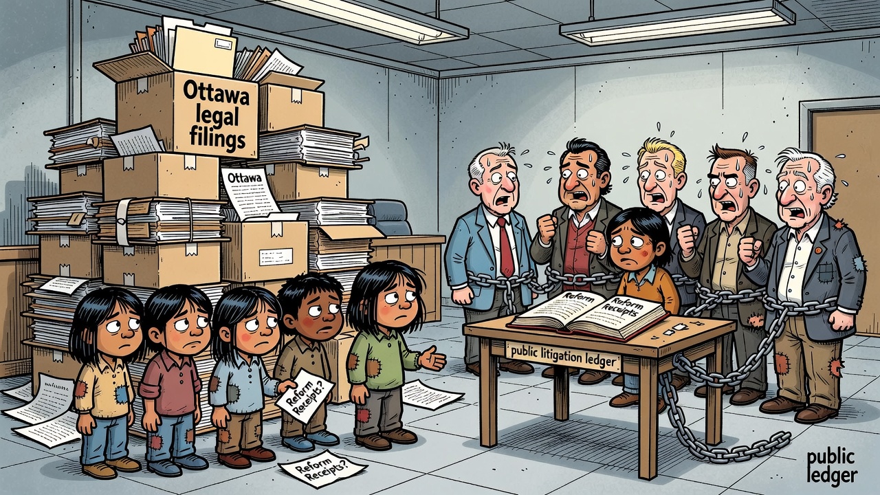 Editorial cartoon showing Ottawa filing another First Nations child-welfare court challenge while taxpayers and First Nations children wait beside a locked litigation ledger.